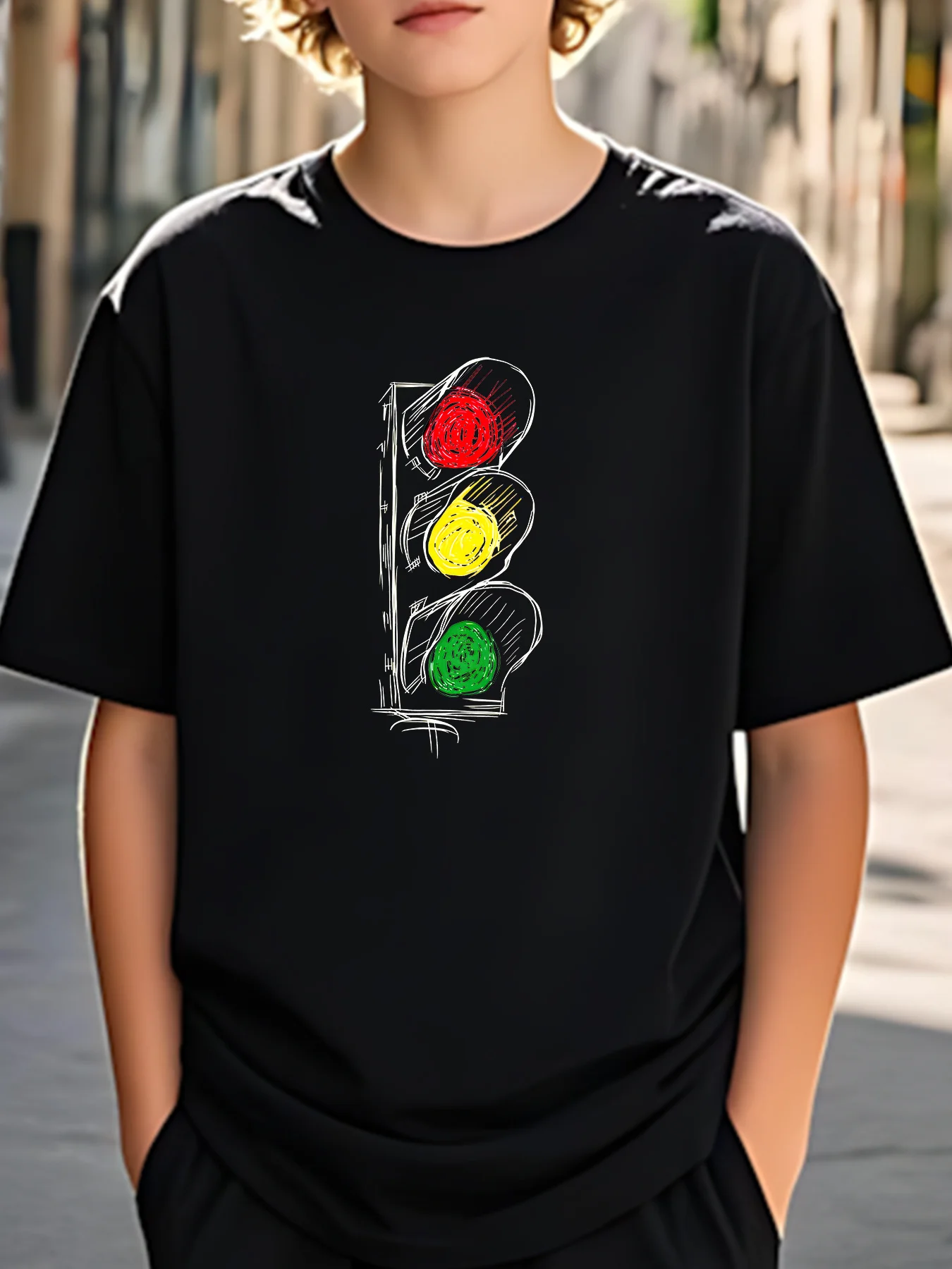 Hand Drawn Stop Light Graphic T Shirt Boys Girls Cool Urban Style Short Sleeve Tee Family Matching Kids Casual Cotton Tops