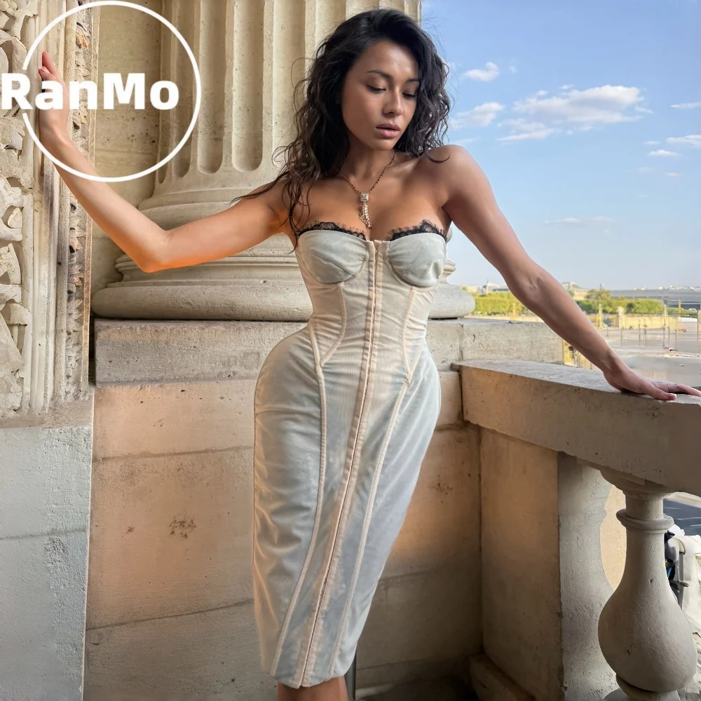 Ranmo Customized Mermaid Knee-Length Sheath Strapless 2026 Evening Dresses With Balck Lace Pleats Prom Dresses Zipper شارون سعيد