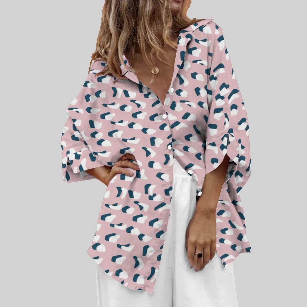 

Pink Women's Casual Elegant Lapel Shirt Polka Dot Graphic Printing Loose Casual Beach Vacation Women's Clothes Blouse