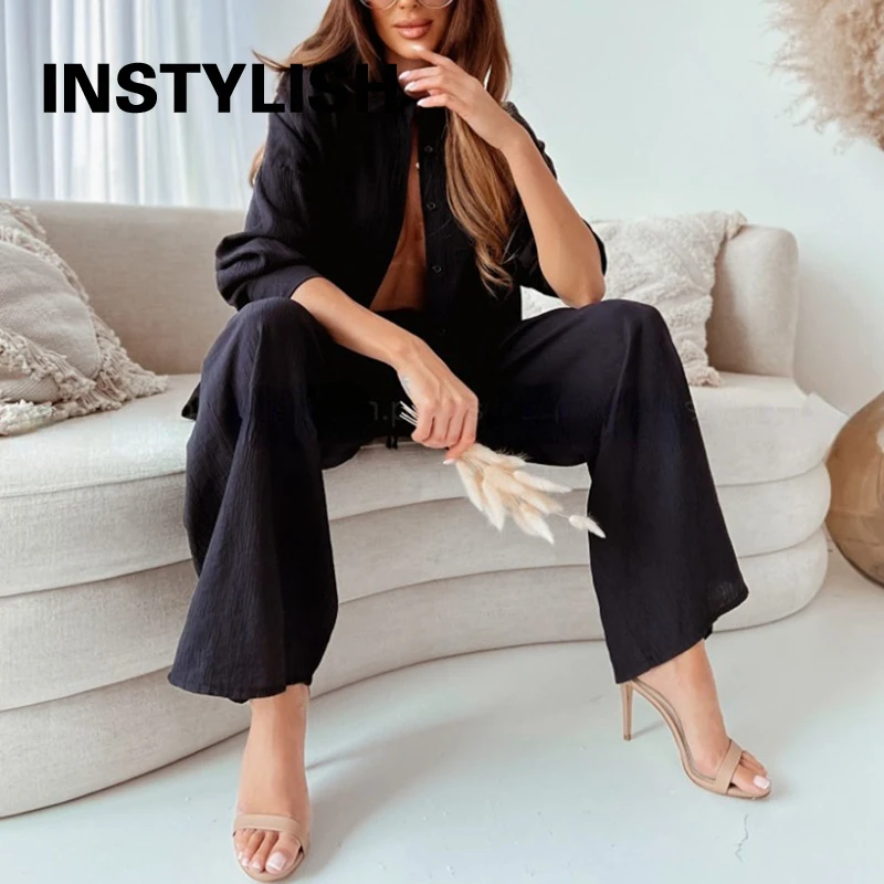 2 Piece Sets Women Outfit Elegant Long Sleeve Lapel Shirt and Elastics Waist Wide Leg Pants Suits Casual Solid Tracksuit 2023