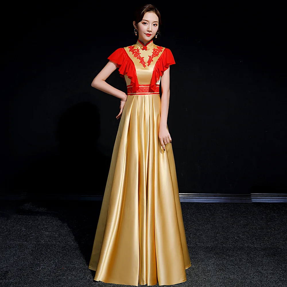 

Retro Mandarin Collar Satin Qipao Sexy Embrodiery Applique Ruffles A-Line Cheongsam Chinese Women Dress