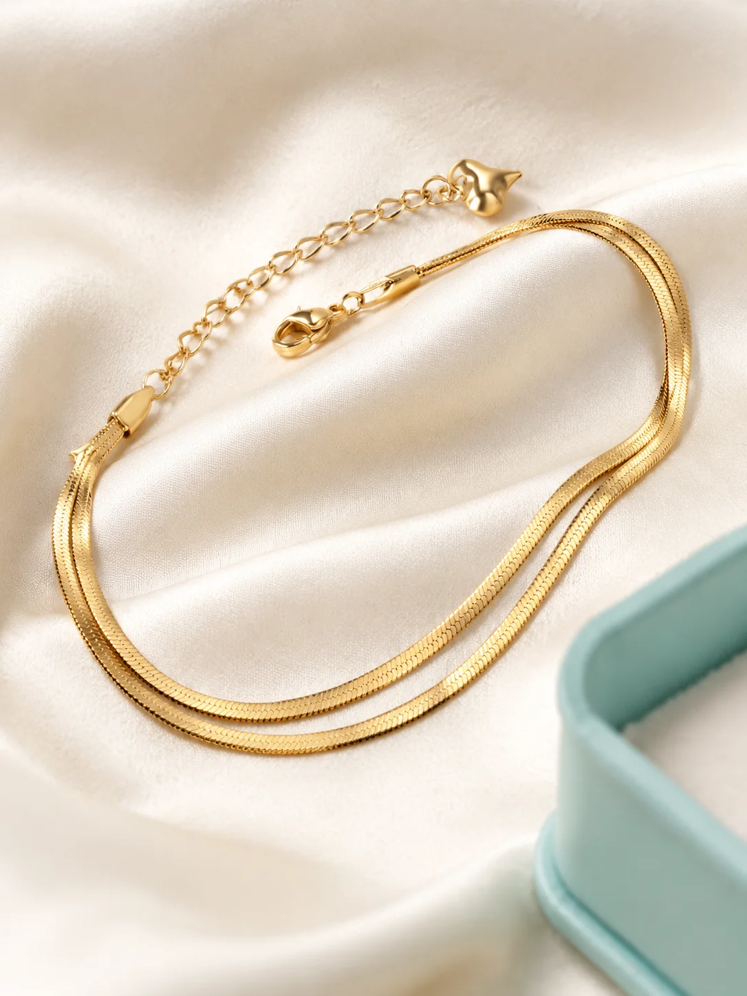 Mit Geschenkbox Doppellagiges Schlangen-Fischgrät-Ketten-Fußkettchen für Frauen Edelstahl Gold Silber Farbe Minimalistischer Fußschmuck – Detail 7