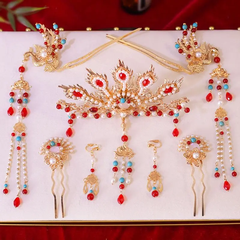 

Traditional Chinese Wedding Hair Accessories for Bride Dragon Phoenix Gown Phoenix Crown Hair Stick Hairpin
