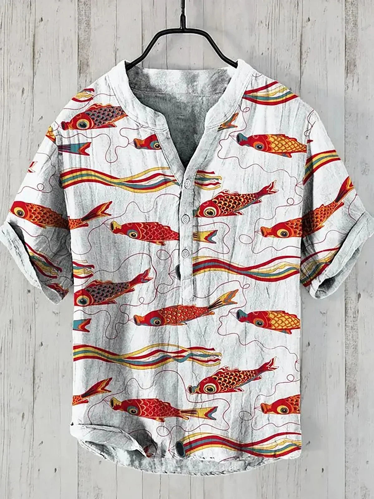 2024 New Men's Ink Painting Fish Series Retro Print Hawaiian Art Shirt V-Neck Wholesale Super Large Size S-5XL Fast Delivery