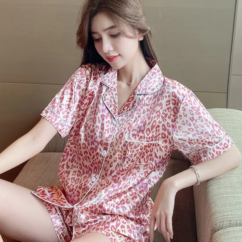 2022 Summer Pink Leopard 2 Pieces Pajama Sets Womens Outfits Short Sleeve Top and Shorts Satin Pajamas Set Women Loose Sleepwear