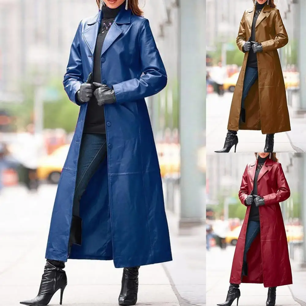 2024 Women Autumn Winter Solid Color Faux Leather Long Slim Wind Coat Windbreaker Women's Clothing Women's Outerwear Female Coat