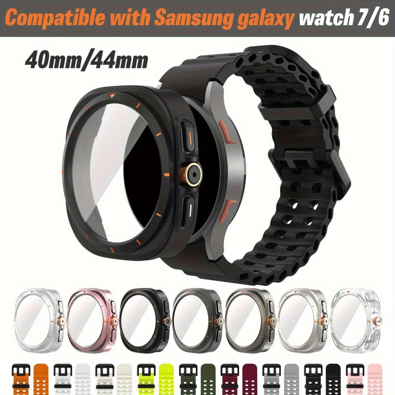 2pcs, Accessories Set For Samsung Galaxy Watch 7/6 (40mm/44mm) - Ultra-Look Protective Case HD Tempered Glass Breathable Strap