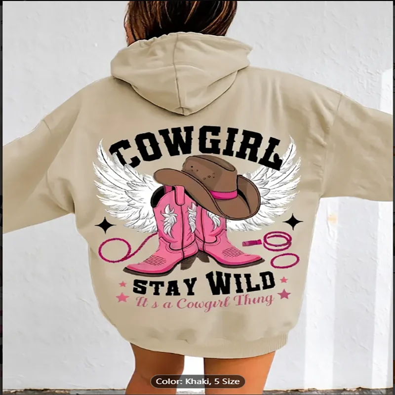 

Повседневная толстовка-пуловер с длинными рукавами и капюшоном, полиэстер, 100% ткань, западный стиль, вышитая ковбойская шляпа и ботинки