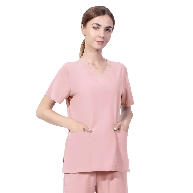 Unisex Nurse Uniform Top Thin Breathable Medical Scrub Top Short Sleeve V Neck Doctor Elastic Workwear Spa Uniforms Lab Overalls