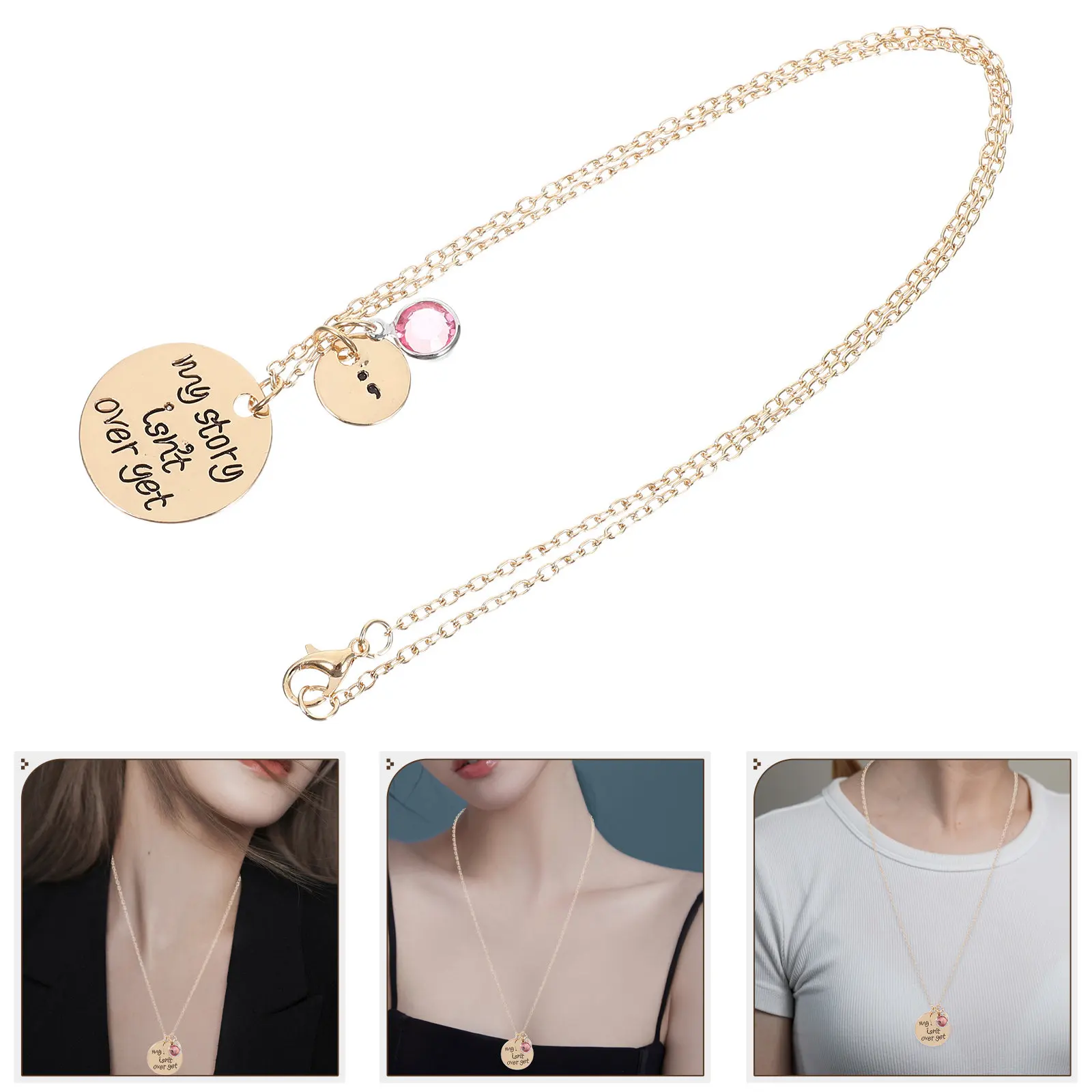Rhinestone Semicolon Necklace Isn't Over Yet Alloy Pendant Elegant Mental Health Symbol Jewelry Gift for