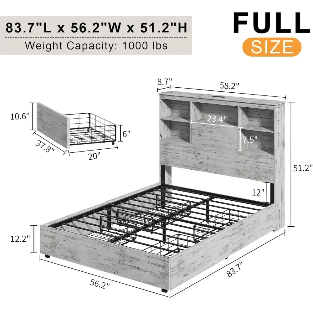 Wooden Storage Bed With Charging Station & 4 Drawers No Box Spring Needed/Noise-Free/White Birch Bunk Beds Bedroom Double Queen