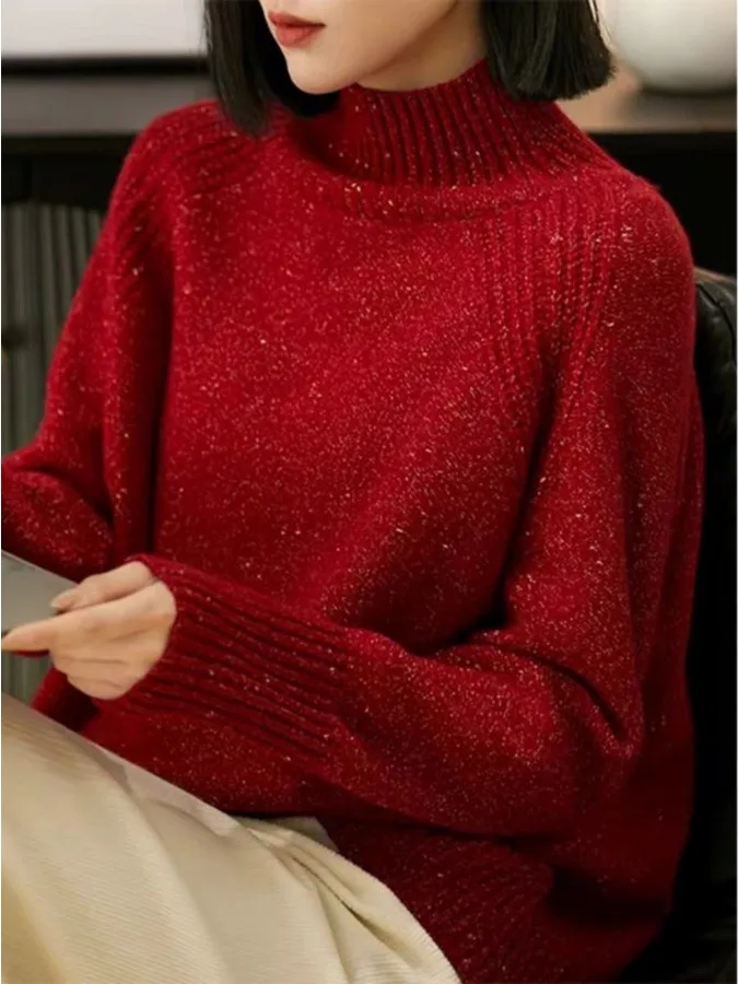 

Осенне-зимний вязаный свитер с высоким воротником и золотистой нитью, свободный крой, с длинными рукавами, базовый топ, повседневный стиль