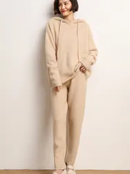 Fashion Suit Autumn Winter 100% Cashmere Knitted High Quality Sweater Women Tops And Harem Pants Two-Piece Female Girl Clothes