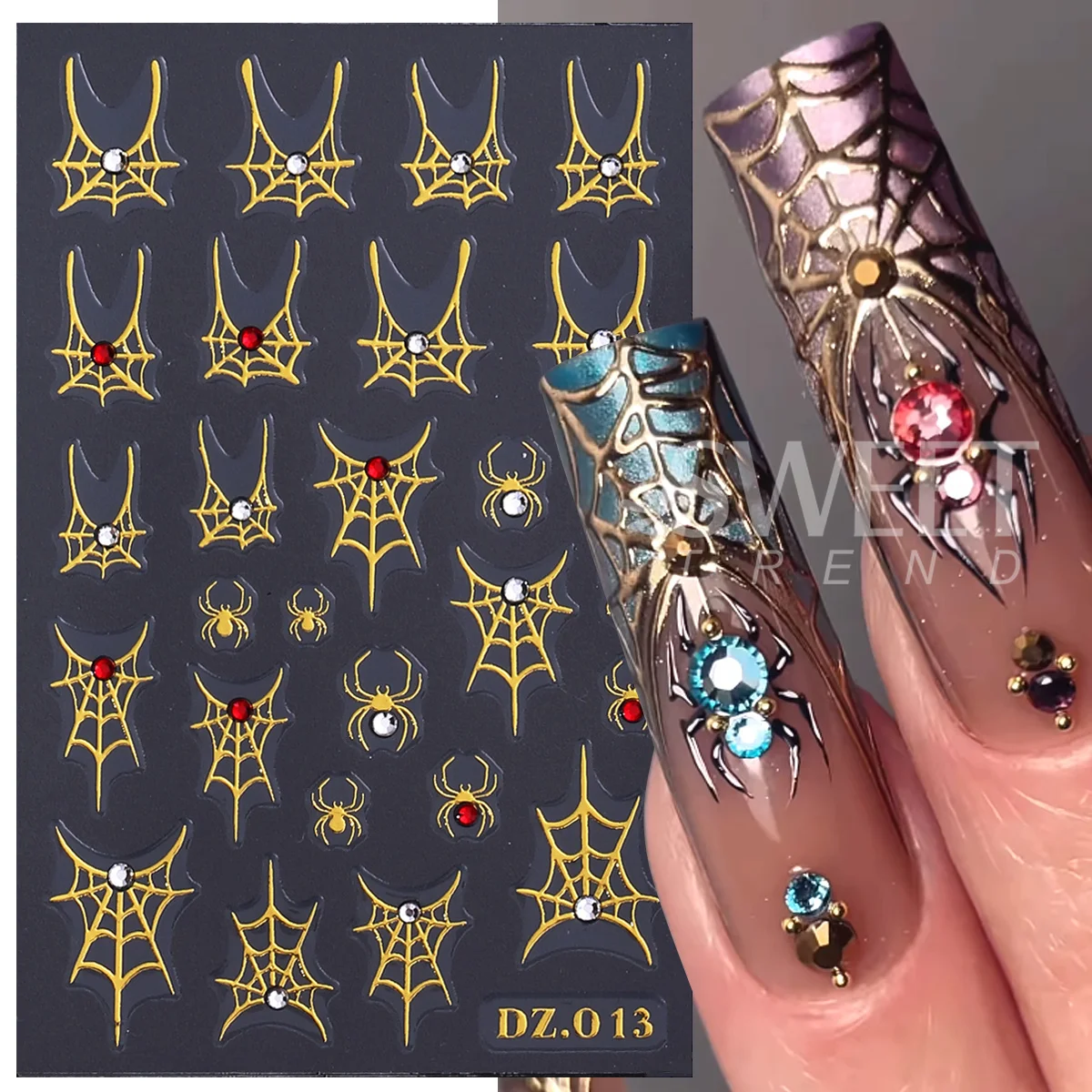 5pcs ฮาโลวีนภาษาฝรั่งเศสคํา Spider Web เล็บรูปลอก Rhinestone Kawaii โบว์หัวใจคริสตัลอัญมณี Spider METALLIC เลเซอร์เล็บสติกเกอร์