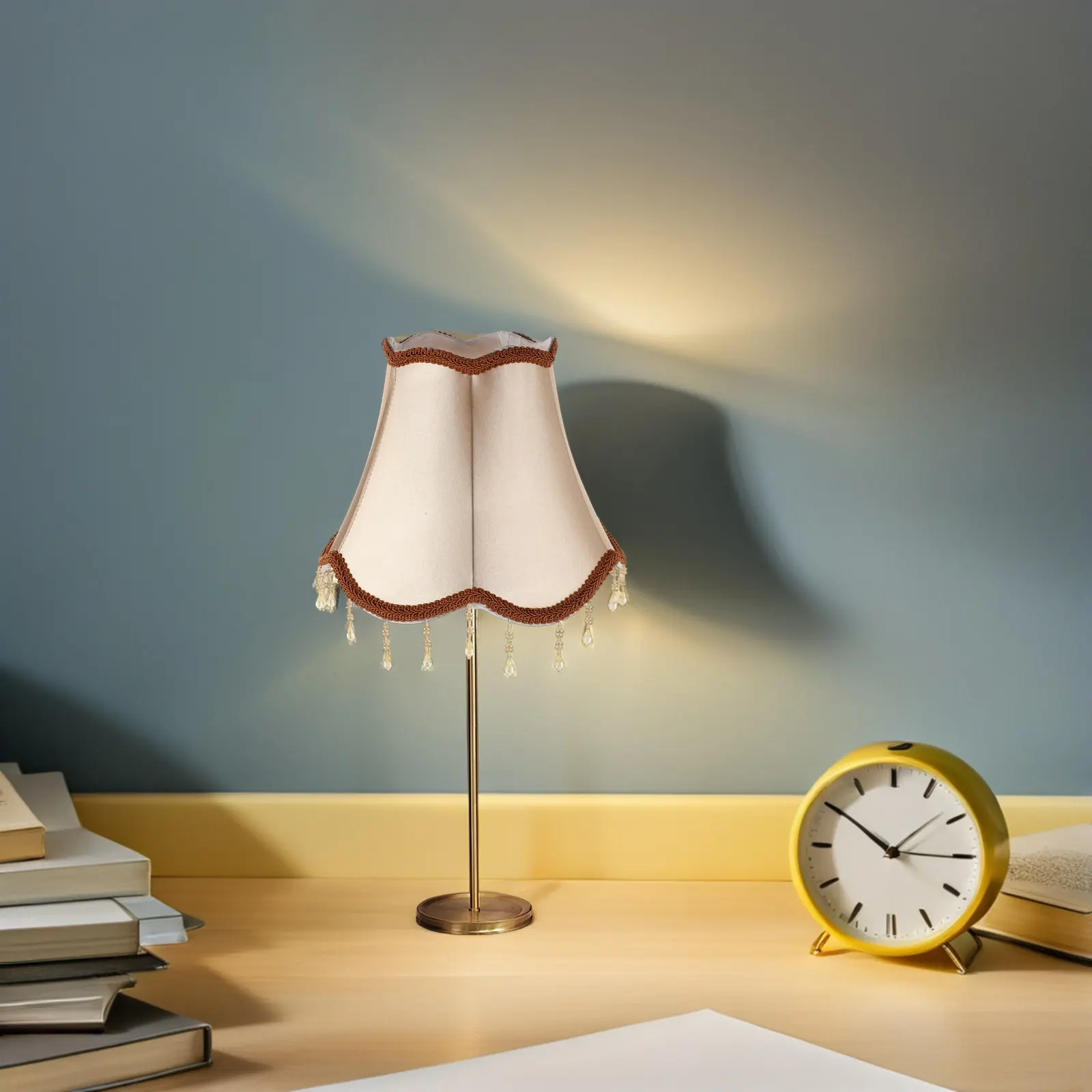 Beige Vintage Bell Lampshade E27 Victorian European Fabric Scalloped Small Table Floor Lamp Shade with Beaded Fringe Bedroom
