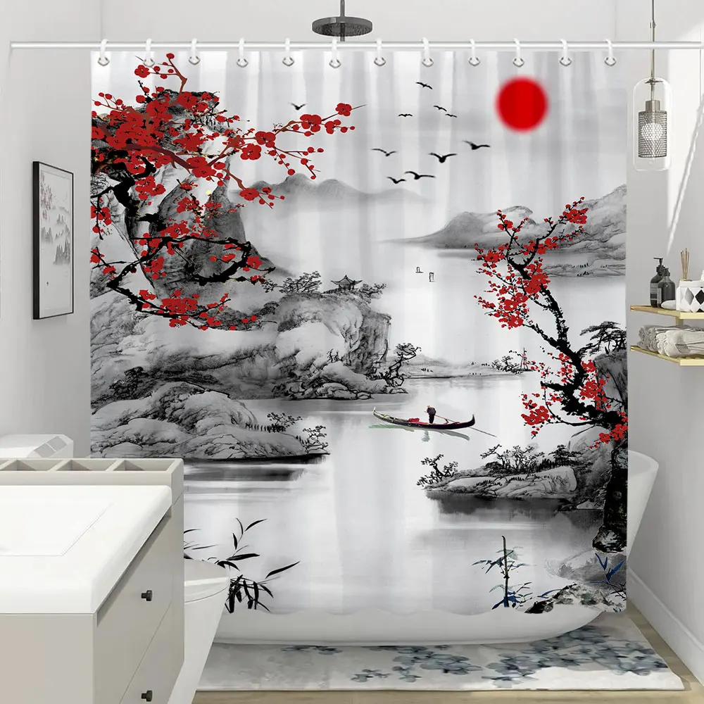 Shower Curtain Red Plum Blossom Branch Japanese Chinese Oriental Sun Misty Mountains Ink Nature Landscape Bathroom Curtains