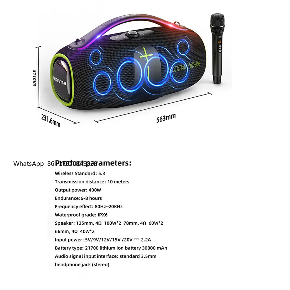 Factory HOPESTAR A85 Outdoor High Power 400W Wireless Blue Tooth Speaker Portable Waterproof IPX6 TWS Party Karaoke RGB AUX - view 3