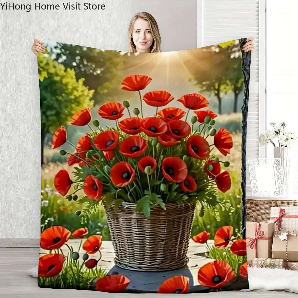 3D Poppy Flower Soft Plush Blanket,Flannel Blanket Throw Blanket for Living Room Bedroom Bed Sofa Picnic Hiking Leisure Napping