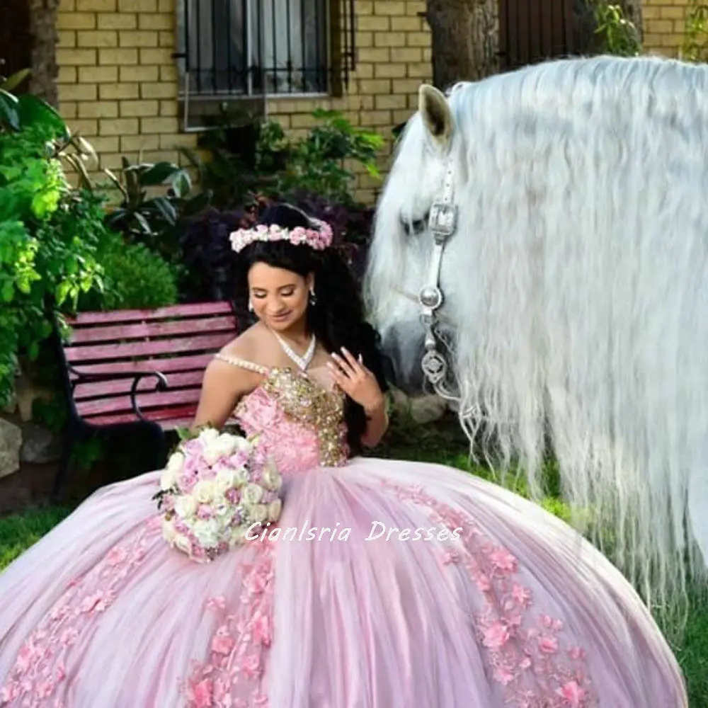 Vestido de quinceañera rosa con tirantes finos, vestido de quinceañera con lentejuelas doradas, sin mangas, dulce, 16, para fiesta de graduación