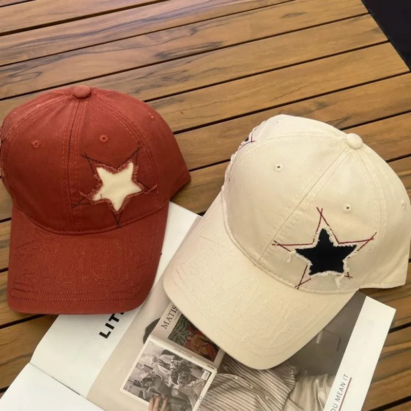 Unisex Cotton Soft Top Baseball Cap with Star Cutouts & Letter Embroidery - Vintage Adjustable Retro Distressed Hat, Casual Caps
