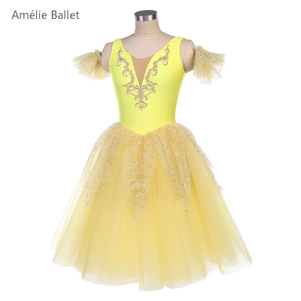 25099 Geel Spandex Top Lijfje met Gouden Trim Romantische Ballet Tutu Volwassen Meisjes Stage Performance Danskostuums