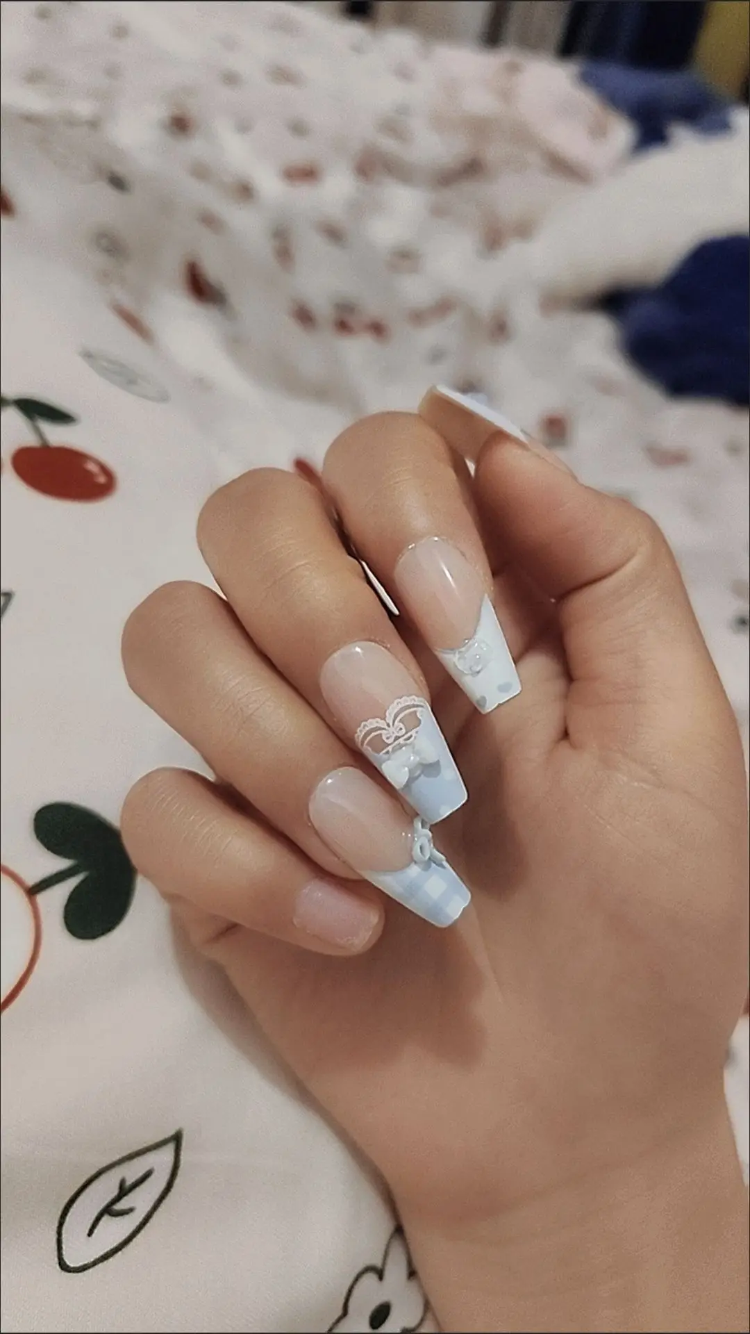 10 stks Nieuwe Blauwe Vlinder Raster Druk Op Nagels Leuke Strik Cat's Eye Nail Patch Vrouwen Meisjes Kawaii Afneembare Koreaanse Nep Nagels