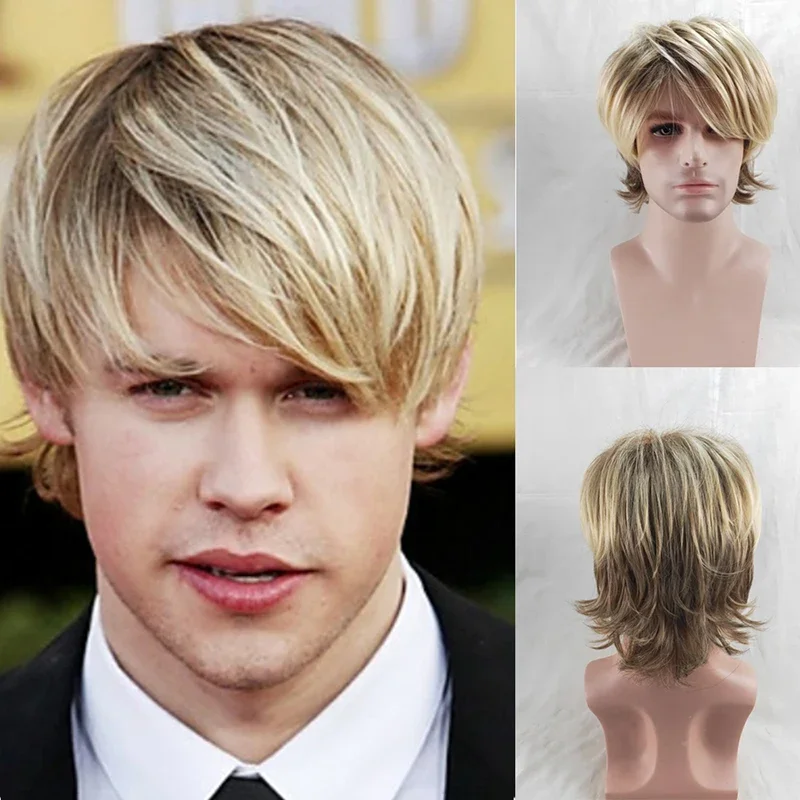 

HAIRJOY Synthetic Hair Male Short Curly Wig Heat Resistant Fiber with Bangs Brown Blonde Mix Color Wigs for Man