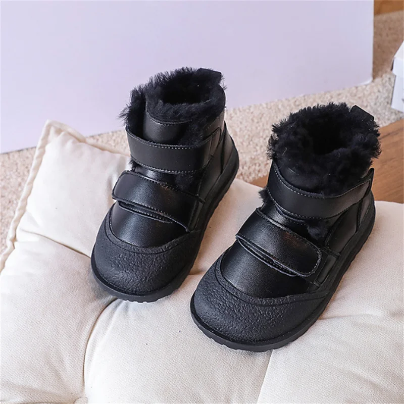 2024 New Winter Children Snow Boots For Boys Leather Waterproof Warm Fur Rubber Sole Fashion Girls Boots EU 26-33