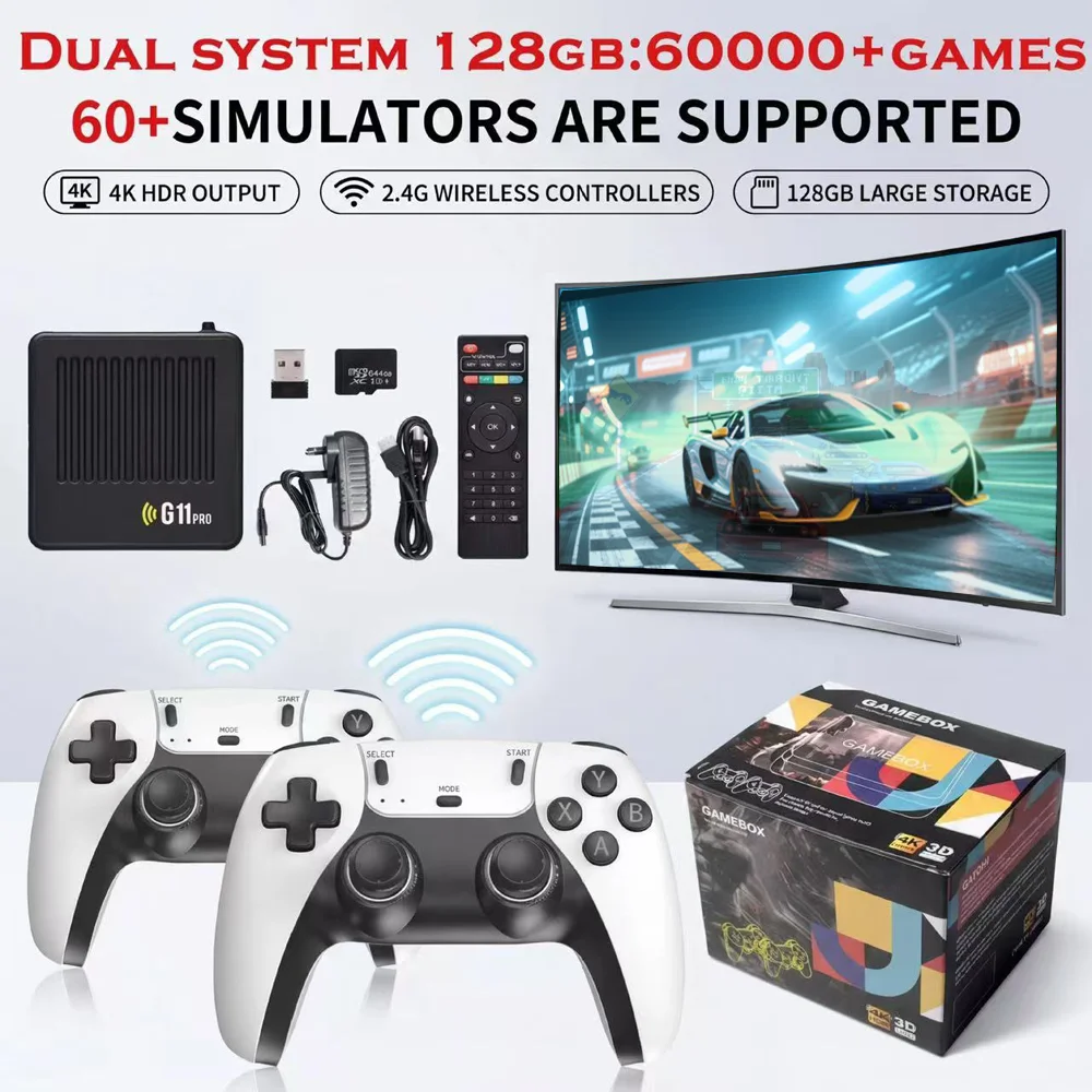 Reebolnic G11 Pro Game Box 3D 4K Dual System Rechargeable Controllers WiFi 60+Simulators Game System &Android TV Box Boy Gifts