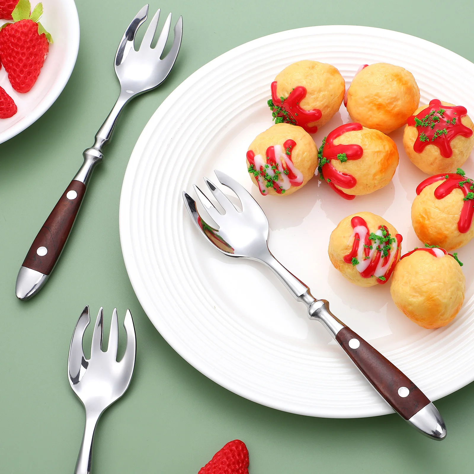 

4pcs Wooden Handle Sporks Stainless Steel Reusable Glossy Finish Long Handle For Salad Fruit Rice Dessert Kitchen