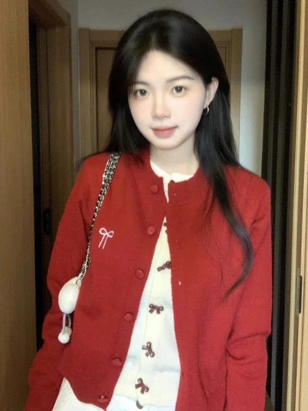 

Red Vintage Design Knitted Sweater Coat Spring Sle Women's Knot Embroidery Fake Two-Piece Loose Fit Long Sve