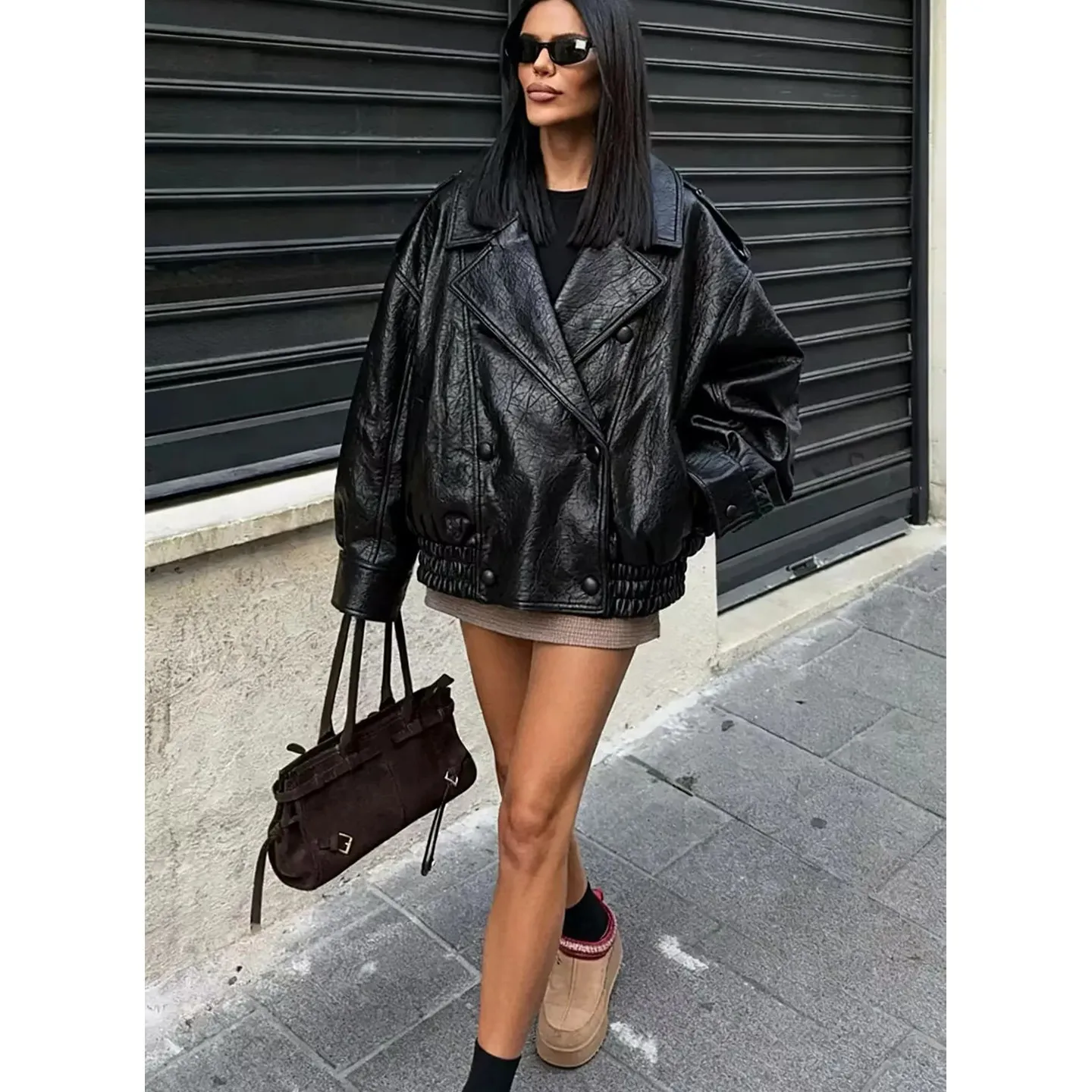 Loose Fit Short Jacket Women's French Style Long Sleeve Turn-down Collar Elastic Bottom Double Button Polyester Fiber Coat