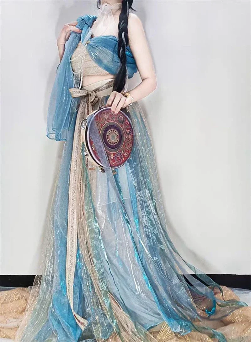 Hanfu Dress Women Carnival Cosplay Princess Jasmine Costume Ancient Traditional Hanfu Dress Blue Belly Dance Dress Plus Size XL