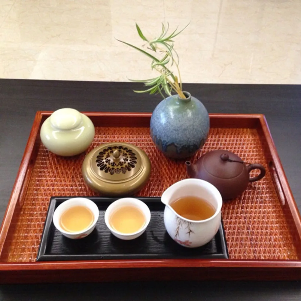 

Rattan Tea Tray Coffee Serving Wood Decor Trays for Party Food Table Rectangular Solid Border