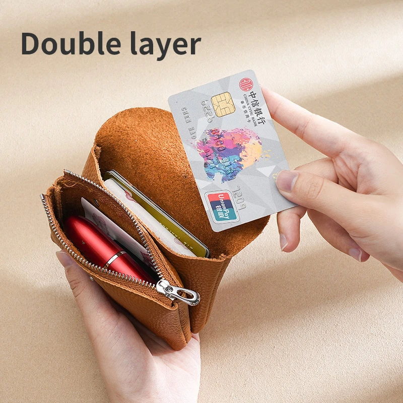 กระเป๋าใส่เหรียญหนังสําหรับผู้หญิง Double Layer กระเป๋าสตางค์มินิซิปหูฟัง Key ลิปสติกกระเป๋าเก็บเด็กกระเป๋าเงินคลิป