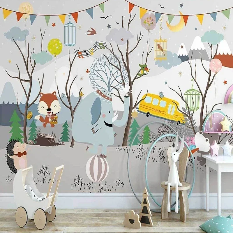 

Cartoon Kids Bedroom Wallpaper Hand-painted Forest Animal Concert Indoor Party Decor Photo Wall Stickers Custom Self-adhesive 3D