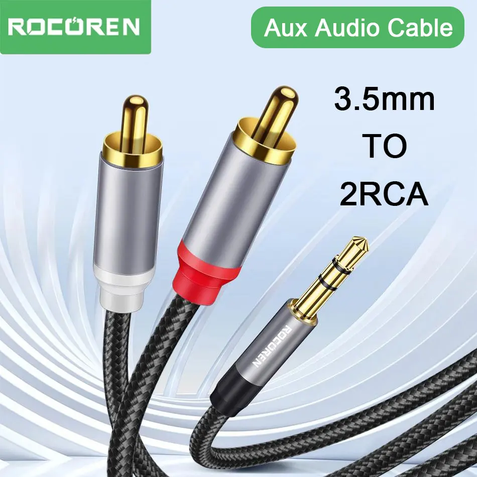 כבל Rocoren 3.5mm ל-2RCA כבל אודיו Aux 3.5 Jack ל-2 RCA זכר מתאם מפצל עבור תיבת טלוויזיה מגבר וידאו רמקול חוט