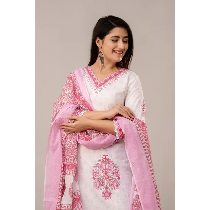 Pink Color Printed Kurta Palazzo with Dupatta Set Women Salwar Kameez Dress