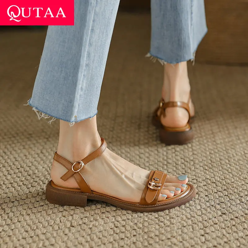 QUTAA 2022 Summer Open Toe Buckle Casual Sandals Genuine Leather Female Shoes Ankle Strap Buckle Women Low Heels Size 34-39