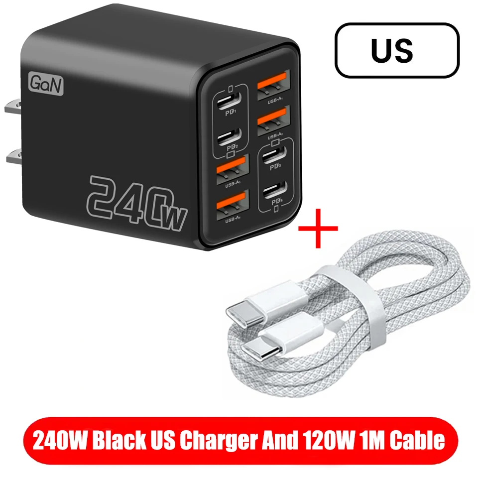 8-in-1 GaN USB-C bureaulader 240W snelladen telefoonadapter type-C kabel voor iPhone Samsung Xiaomi EU/VS/VK stekkerlader