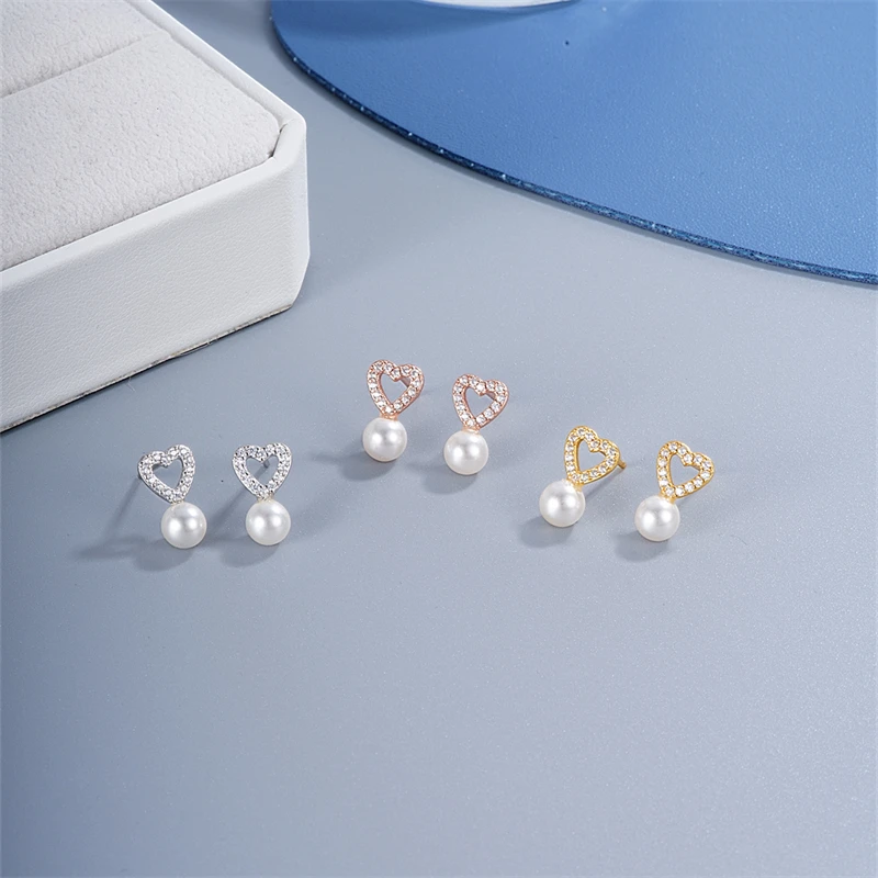 Stylish design 925 silver inlaid zircon pearl hollow heart exquisite earrings