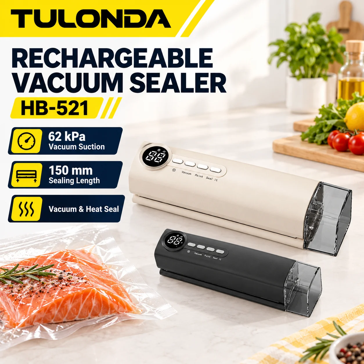 Rechargeable Food Vacuum Sealer with Wet-Food Suction & Liquid Collector, 3 Heat Settings, 62kPa Vacuum, 150mm Seal Bar