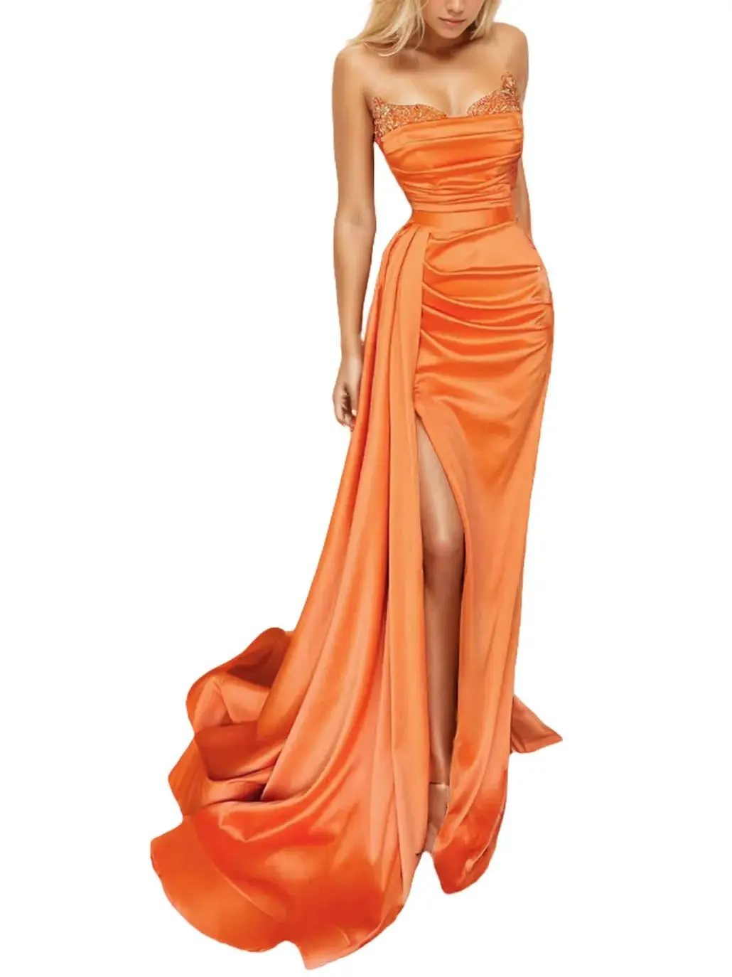 

Sexy Fashionable Mermaid Evening Gown Strapless Sleeveless Satin Gown High Split Sequin Ruffles Court Train 2025 Free Customized