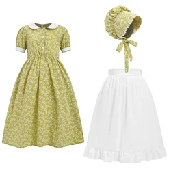 Colonial Dress for Girls Child Victorian Vintage Prairie Pilgrim Costume Festival National Kids Pastoral Pioneer Hat Outfits New