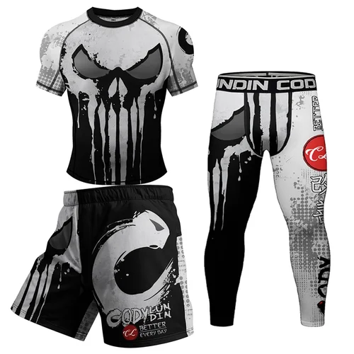 Imagen 2 del producto Jiu jitsu Rashguard hombres MMA boxeo camiseta + pantalón conjuntos compresión Rash Guard ropa deportiva Bjj Kickboxing Jerseys Muay Thai pantalones cortos