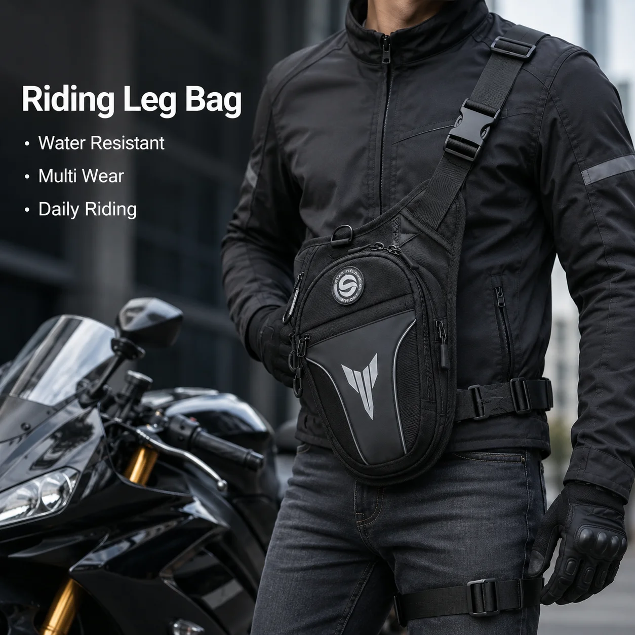 STAR FIELD KNIGHT Motorcycle Thigh Bag Men Water Resistant Adjustable Waist Pack Crossbody Sling Riding Storage Pouch Black