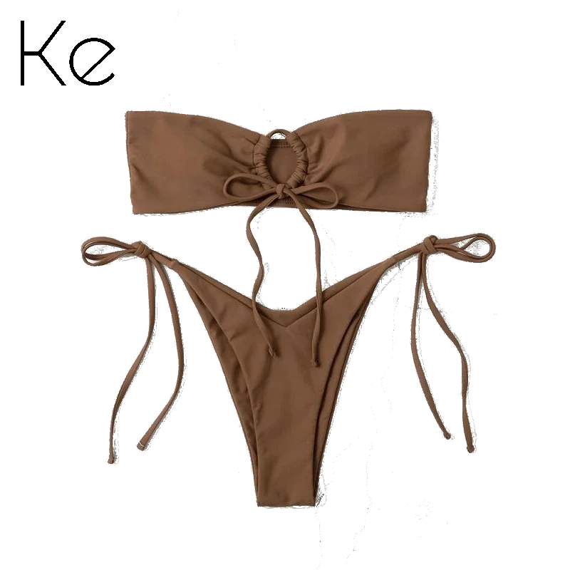 KE909 new 2024  split bandeau bikini solid color sexy women\'s swimwear multi-color lace-up swimsuit