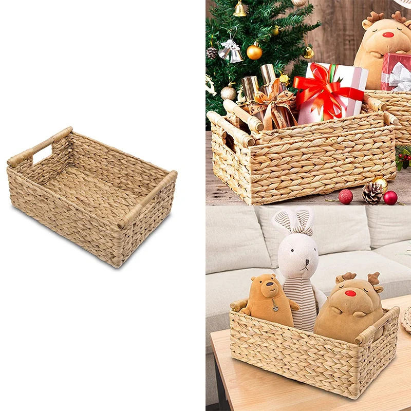 

Wicker Basket Rectangular With Wooden Handles For Shelves,Water Hyacinth Basket Storage,Natural Baskets