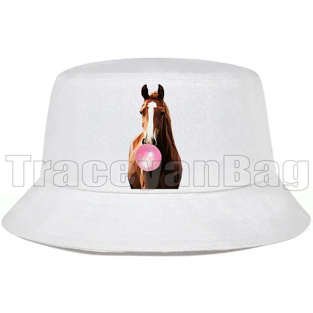

Funny Animal Bubble Gum Horse Monkey Shark Panda Cute Cat Dog Tiger Butterfly Flamingo White Unisex Bucket Hats Fishermen Caps