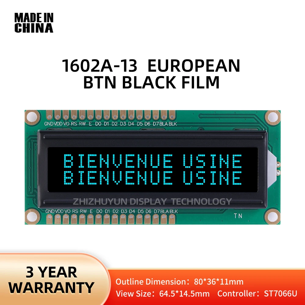 1602A-13 European Character LCD Screen BTN Black Film Ice Blue Dual Row Interface 5V 3.3V 80 * 36Mm LCM Display